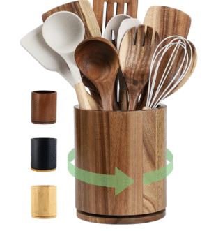 360° Rotating Acacia Wood Utensil Holder