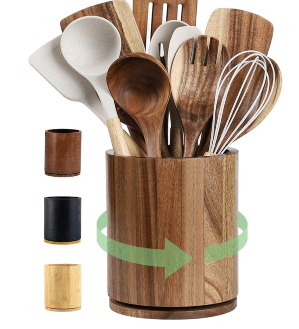 360° Rotating Acacia Wood Utensil Holder